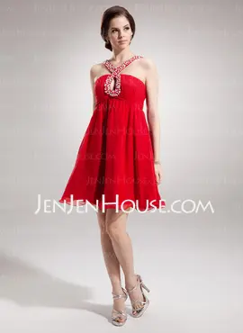 Empire V-neck Short/Mini Chiffon Homecoming Dress With Ruffle Beading (022009447)