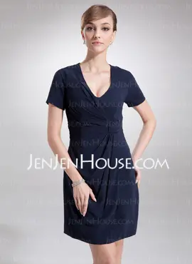 Sheath V-neck Short/Mini Chiffon Cocktail Dress With Ruffle (016020714)