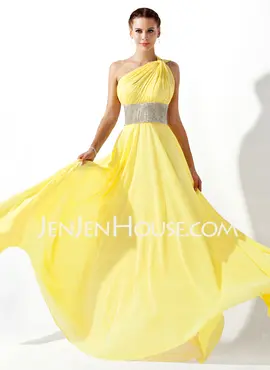 Impero Monospalla Al pavimento Chiffon Abiti feste con Increspature Perline (018020583)