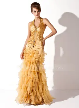 Mermaid Halter Floor-Length Organza Charmeuse Prom Dress With Ruffle Beading (018005067)