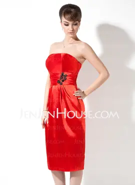Sheath Strapless Knee-Length Charmeuse Desperate Housewives Style Dresses With Ruffle Beading (025003969)