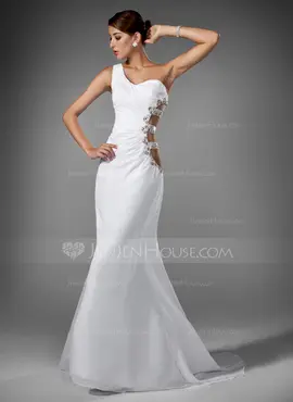 Mermaid One-Shoulder Sweep Train Chiffon Evening Dress With Ruffle Beading (017004345)