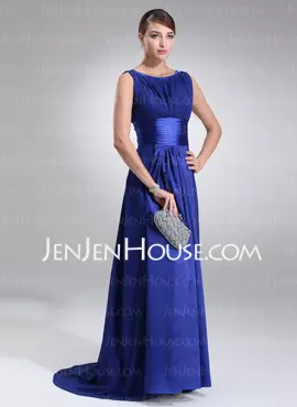 A-Line/Princess Scoop Neck Sweep Train Chiffon Charmeuse Evening Dress With Ruffle (017022545)