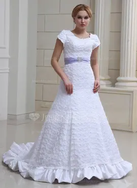 A-Line/Princess Scoop Neck Chapel Train Satin Lace Wedding Dress With Ruffle Sashes Beadwork (002000230)