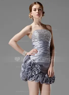 Sheath Strapless Short/Mini Taffeta Homecoming Dress With Ruffle Beading Flower(s) Sequins (022021054)