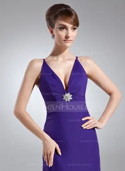 Sheath V-neck Floor-Length Chiffon Holiday Dress With Ruffle Crystal Brooch (020003308)