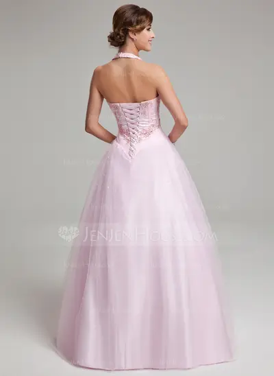 Ball-Gown Halter Floor-Length Tulle Quinceanera Dress With Lace Beading (021020615)