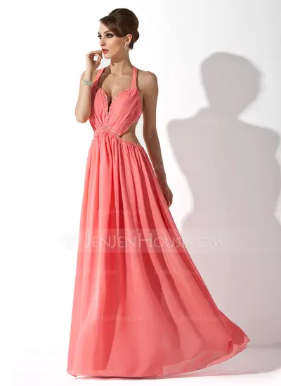 A-Line/Princess Halter Floor-Length Chiffon Prom Dress With Ruffle Beading (018020794)