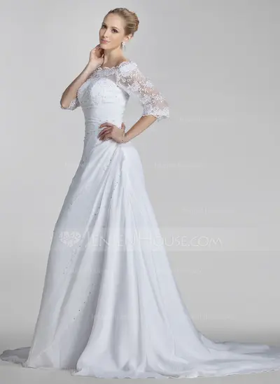 A-Line/Princess Off-the-Shoulder Court Train Chiffon Lace Wedding Dress With Beadwork Sequins (002004524)