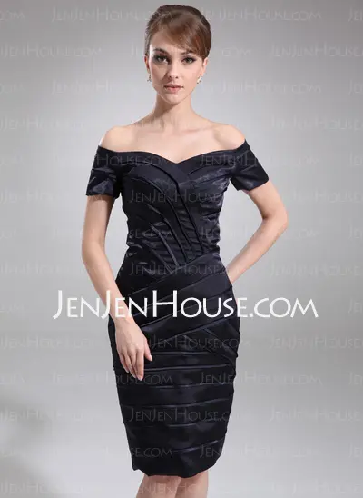 Sheath Off-the-Shoulder Knee-Length Charmeuse Mother of the Bride Dress (008006335)