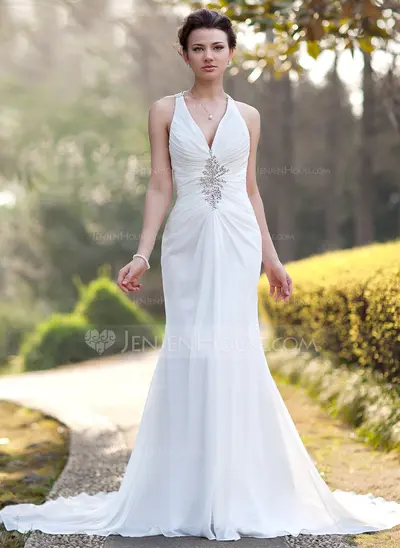 Sheath/Column V-neck Chapel Train Chiffon Wedding Dress With Ruffle Beadwork Sequins (002005012)