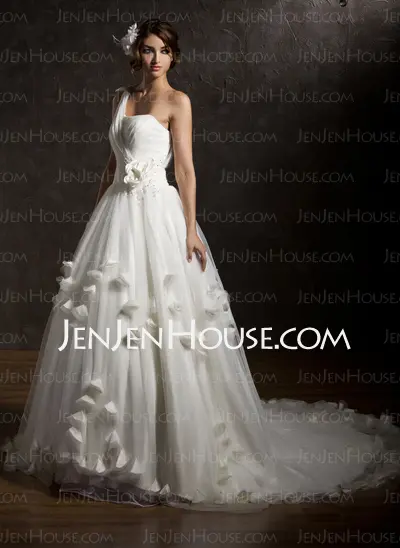 Ball-Gown One-Shoulder Court Train Satin Tulle Wedding Dress With Ruffle Lace Beadwork Flower(s) (002006373)