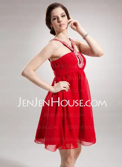 Empire V-neck Short/Mini Chiffon Homecoming Dress With Ruffle Beading (022009447)