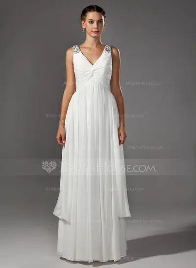 A-Line/Princess V-neck Floor-Length Chiffon Wedding Dress With Ruffle Beadwork (002005176)