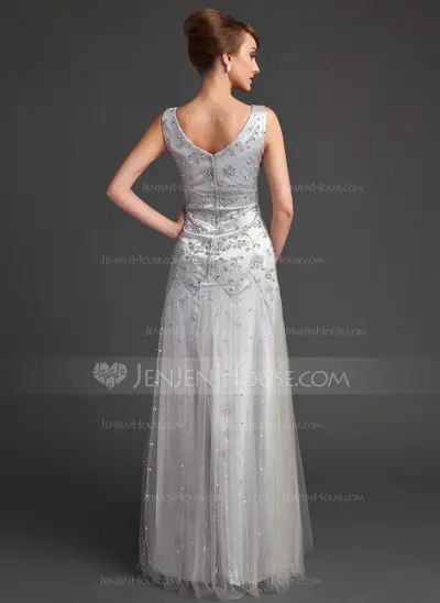 A-Line/Princess V-neck Floor-Length Tulle Charmeuse Mother of the Bride Dress With Lace Beading Sequins (008005647)