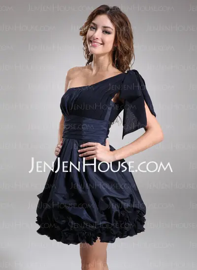 A-Line/Princess One-Shoulder Knee-Length Chiffon Taffeta Cocktail Dress With Ruffle (016008242)