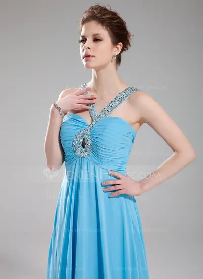Empire V-neck Sweep Train Chiffon Evening Dress With Ruffle Beading (017004349)