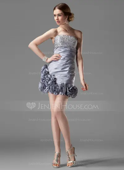 Sheath Strapless Short/Mini Taffeta Homecoming Dress With Ruffle Beading Flower(s) Sequins (022021054)