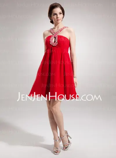 Empire V-neck Short/Mini Chiffon Homecoming Dress With Ruffle Beading (022009447)
