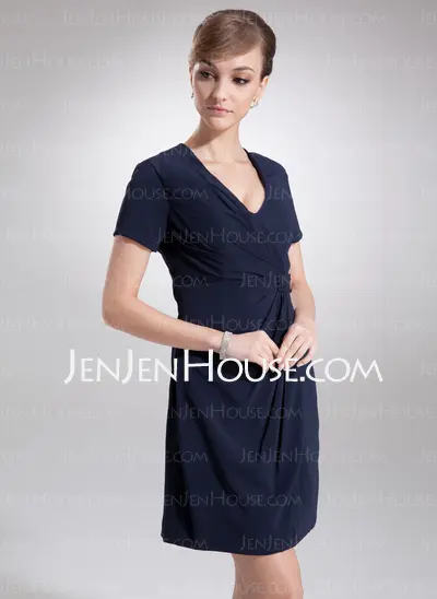 Sheath V-neck Short/Mini Chiffon Cocktail Dress With Ruffle (016020714)