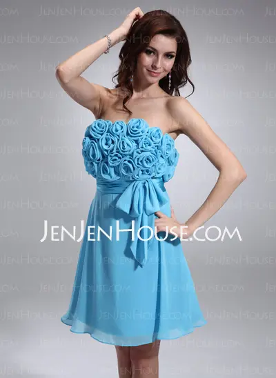 Empire Strapless Short/Mini Chiffon Charmeuse Homecoming Dress With Ruffle Flower(s) (022008131)