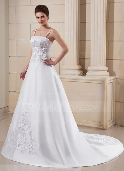A-Line/Princess Court Train Satin Wedding Dress With Embroidery Beadwork (002006372)