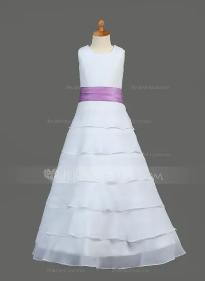 A-Line/Princess Scoop Neck Floor-Length Chiffon Charmeuse Flower Girl Dress With Sash Flower(s) (010002146)