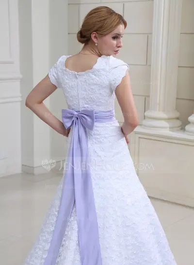A-Line/Princess Scoop Neck Chapel Train Satin Lace Wedding Dress With Ruffle Sashes Beadwork (002000230)