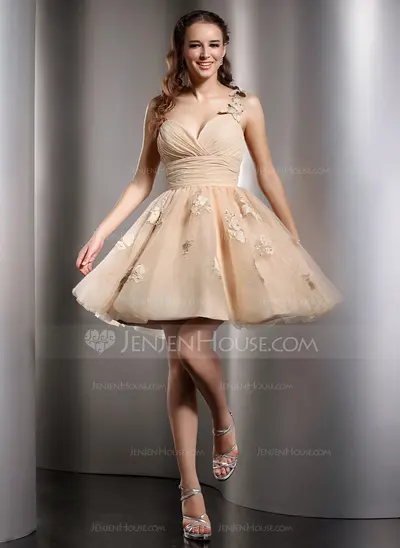 A-Line/Princess One-Shoulder Knee-Length Chiffon Tulle Homecoming Dress With Ruffle Beading Flower(s) (022020672)