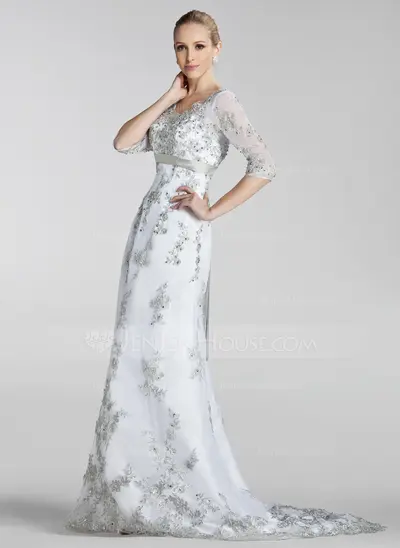 A-Line/Princess V-neck Court Train Satin Lace Wedding Dress With Sashes Beadwork Sequins (002004151)