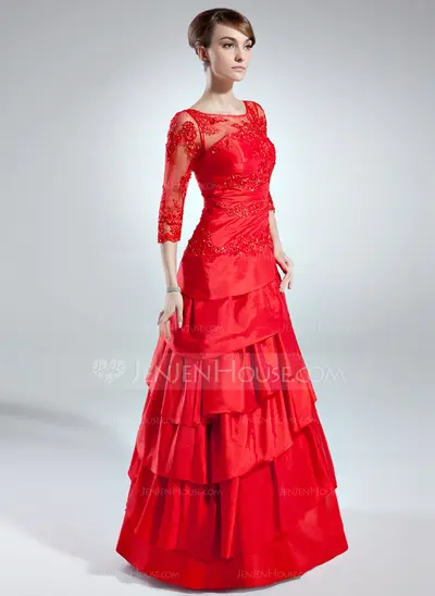 A-Line/Princess Scoop Neck Floor-Length Taffeta Tulle Mother of the Bride Dress With Lace Beading (008006255)