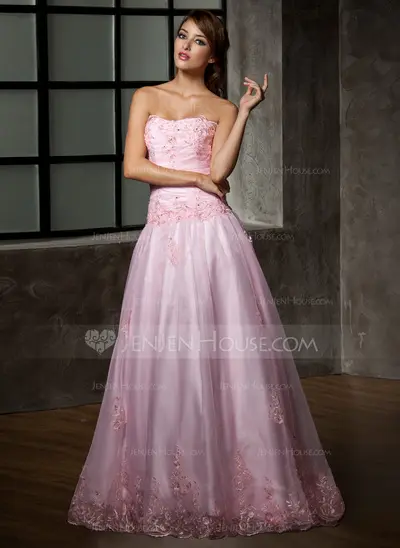 A-Line/Princess Strapless Floor-Length Organza Quinceanera Dress With Ruffle Lace Beading (021002858)