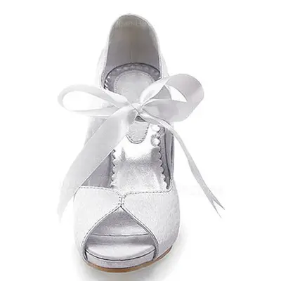 Satin Stiletto Heel Peep Toe Platform Pumps Wedding Shoes With Ribbon Tie (047005035)