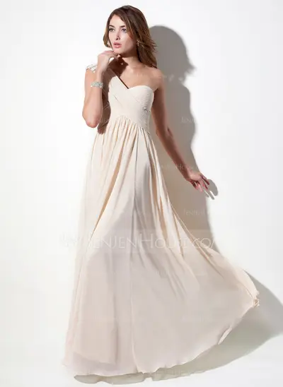A-Line/Princess One-Shoulder Floor-Length Chiffon Lace Holiday Dress With Ruffle Beading (020016076)