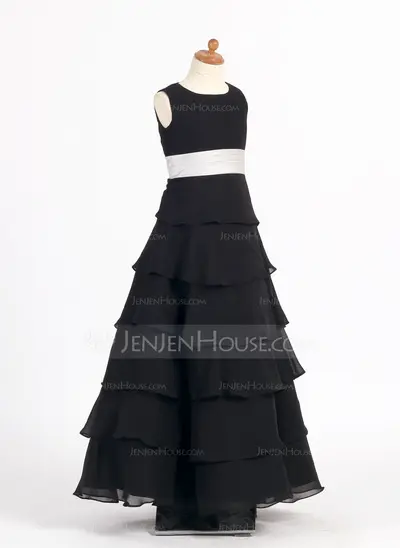 A-Line/Princess Scoop Neck Floor-Length Chiffon Charmeuse Flower Girl Dress With Sash Flower(s) (010002146)
