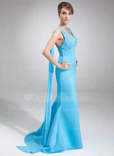Stile sirena Scollatura a V Coda a strascico Watteau Chiffon raso Abito da damigella con Increspature (007004266)