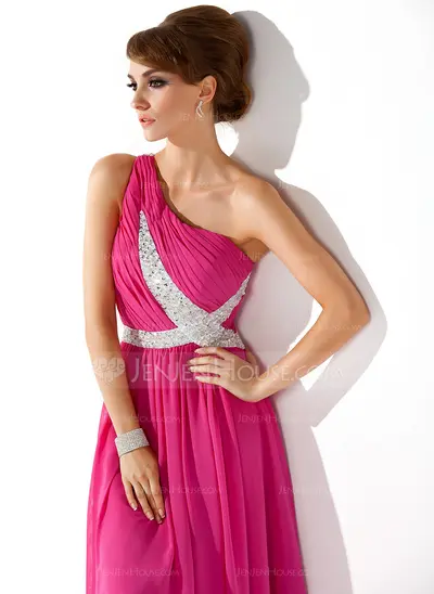 A-Line/Princess One-Shoulder Floor-Length Chiffon Evening Dress With Ruffle Beading Sequins (017005592)