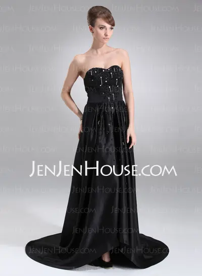 A-Line/Princess Sweetheart Court Train Satin Evening Dress With Beading (017020656)