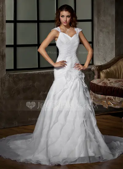 A-Line/Princess V-neck Court Train Organza Wedding Dress With Ruffle Lace Beadwork Flower(s) (002011399)