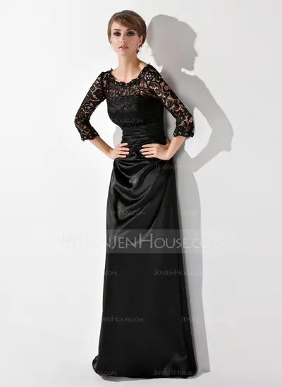 Linjeform Scoop Hals Gulv lengde Charmuse Kjole til brudens mor med Frynse Blonde Beading (008006037)