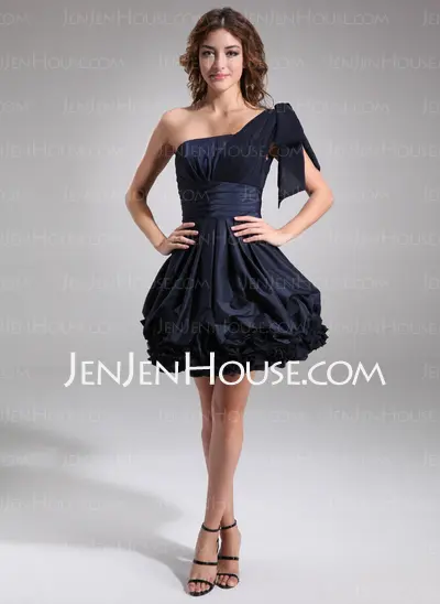 A-Line/Princess One-Shoulder Knee-Length Chiffon Taffeta Cocktail Dress With Ruffle (016008242)