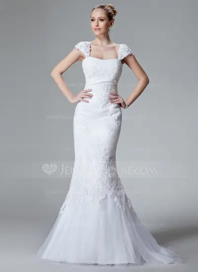 Mermaid Sweetheart Sweep Train Satin Tulle Wedding Dress With Lace Beadwork (002000438)
