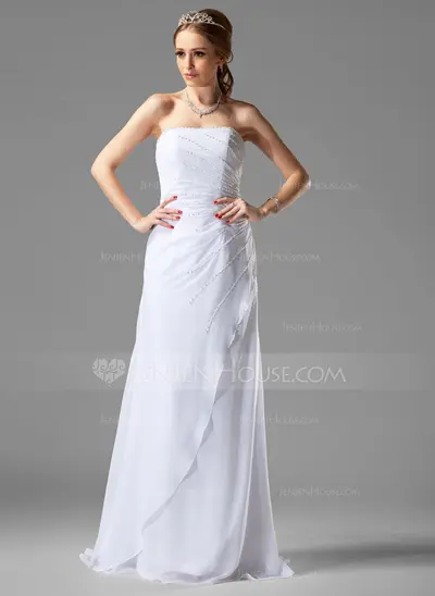 A-Line/Princess Strapless Court Train Chiffon Wedding Dress With Ruffle Beadwork (002000502)