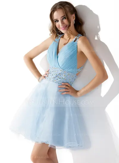 A-Line/Princess Short/Mini Tulle Homecoming Dress With Ruffle Beading (022020898)
