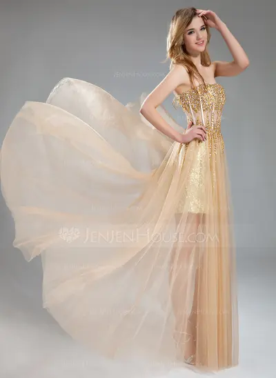 A-Line/Princess Sweetheart Floor-Length Tulle Sequined Prom Dress With Beading (018018902)