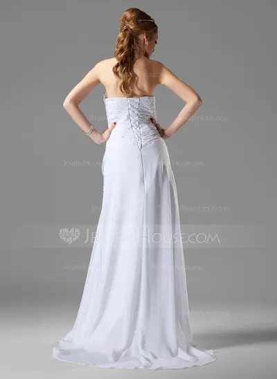 A-Line/Princess Strapless Court Train Chiffon Wedding Dress With Ruffle Beadwork (002000502)