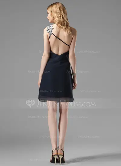 Sheath One-Shoulder Short/Mini Chiffon Cocktail Dress With Ruffle Beading Appliques Sequins (016003019)