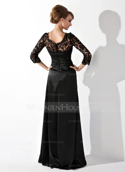 Linjeform Scoop Hals Gulv lengde Charmuse Kjole til brudens mor med Frynse Blonde Beading (008006037)