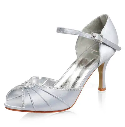 Satin Stiletto Heel Pumps Sandals Wedding Shoes With Buckle Rhinestone (047005113)