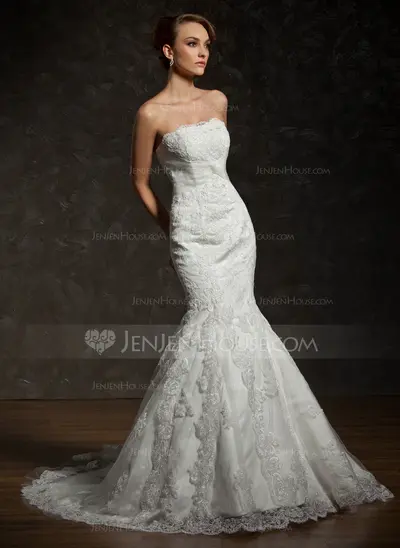 Mermaid Strapless Chapel Train Satin Tulle Wedding Dress With Lace Beadwork (002000634)